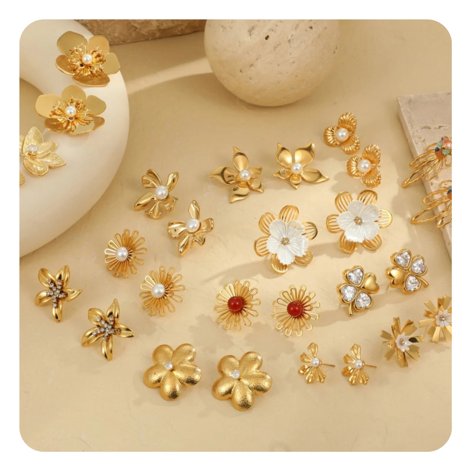 Cross-border Niche Light Luxury High Sense Stainless Steel Geometric Flower Pearl Women'S Accessories Fashion Stud Earrings