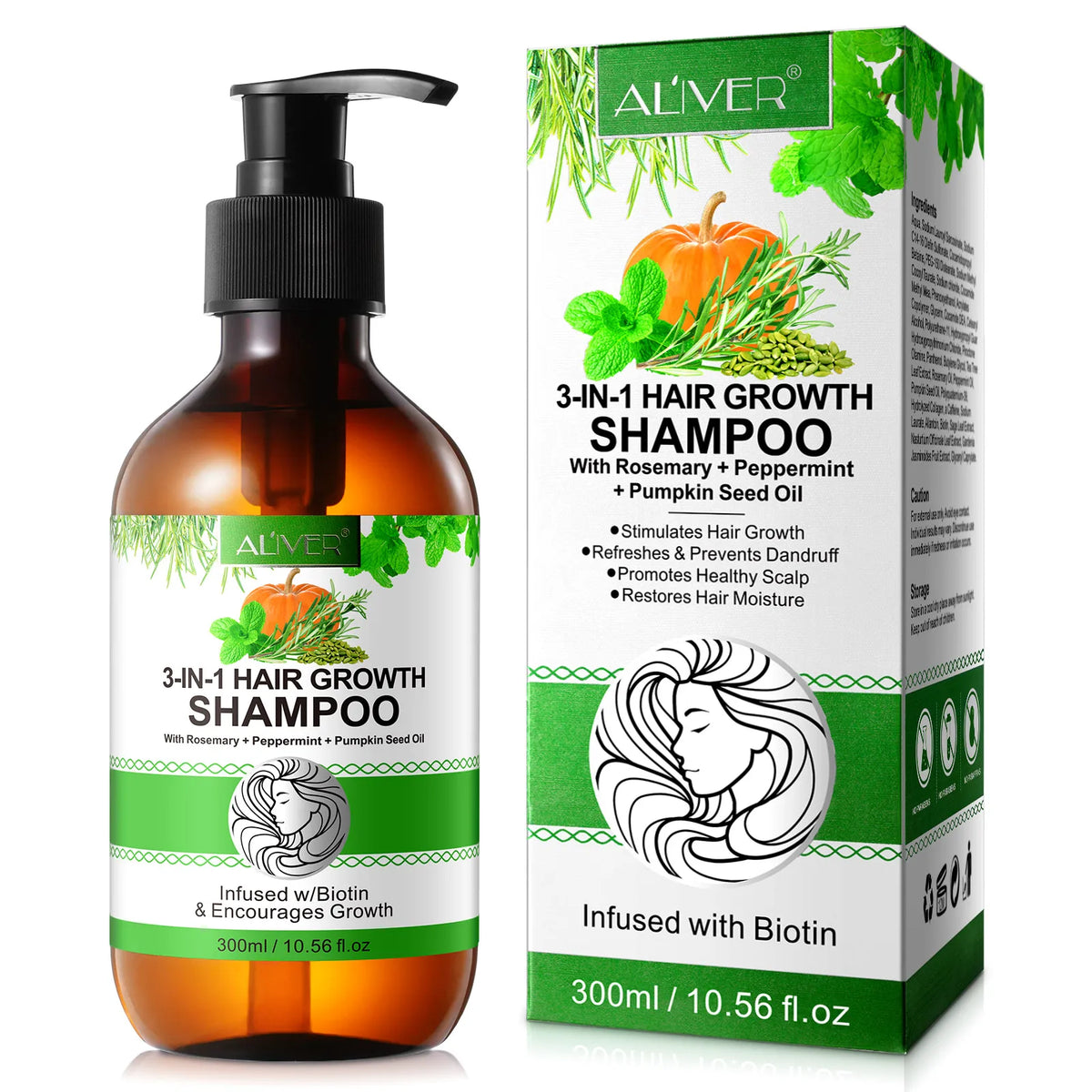 ALIVER Custom 300ml Prevent Dandruff Reduces Hair Loss Natural Hair Biotin Rosemary Mint Pumpkin Seed Oil Shampoo