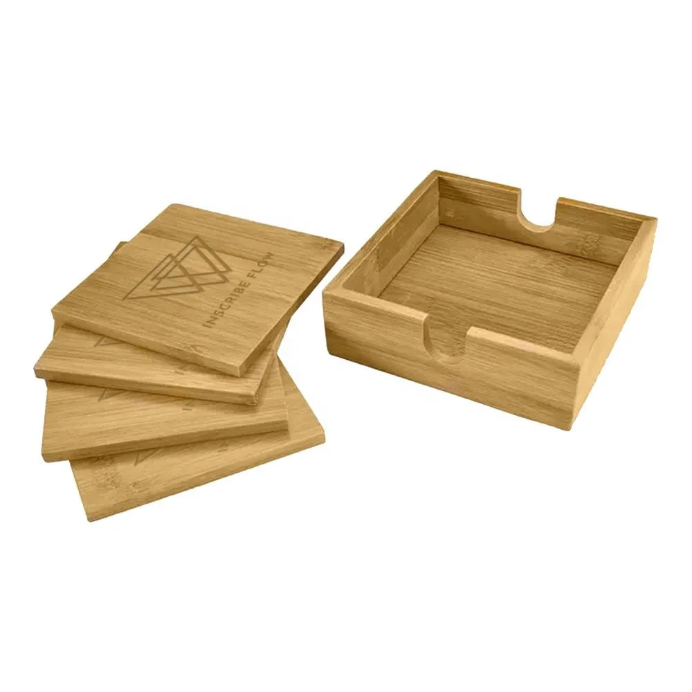 Eco-friendly a Set of 4 Bamboo Coaster with a Holder Custom Laser Logo Promotional Gifts CST008 Madake Bamboo Coaster in Stock