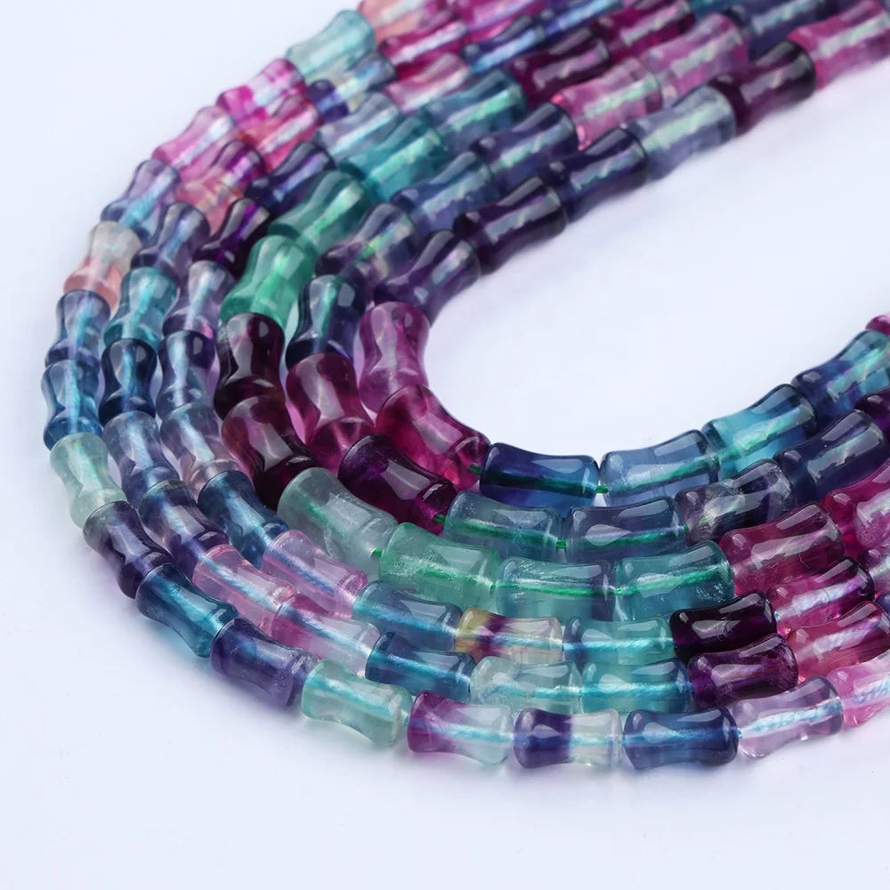 JSES Wholesale A+ Natural Colorful Fluorite 6*10mm Bamboo Shape Beads Healing Crystal Loose Gemstone Beads for Jewelry Making