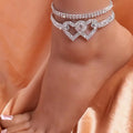 Rhinestone Tennis Chain Heart Anklet Bracelet Crystal Heart Pendant Anklets Boho Foot Chain Bracelet