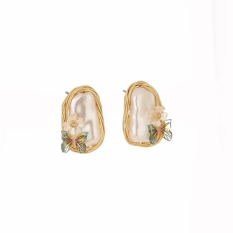 Creative Handmade Twisted Earrings Flower Butterfly Stud Earrings Baroque Pearl Earrings for Women