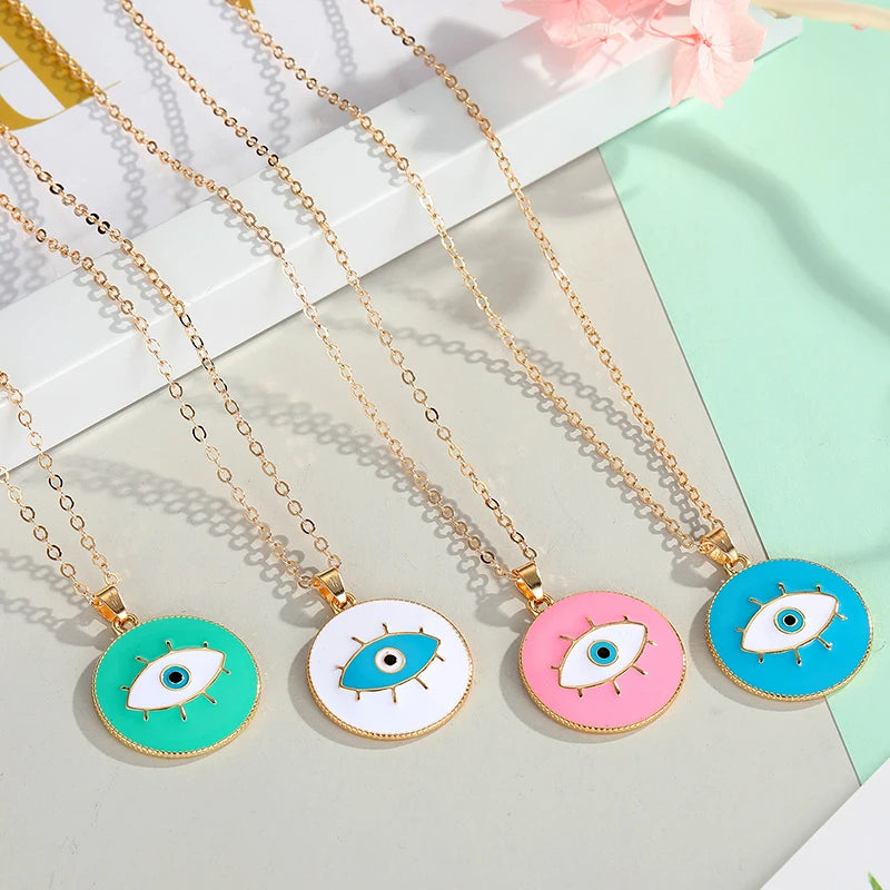 Dainty Turkish Style Round Shaped Pendant Woman Ladies Pink Blue White Enamel Evil Eyes Necklace Jewelry
