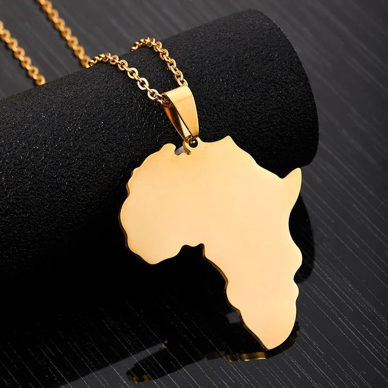 Hip Hop Men's 18K PVD Gold Plated Stainless Steel African Map Pendant Necklace Fashionable Jewelry
