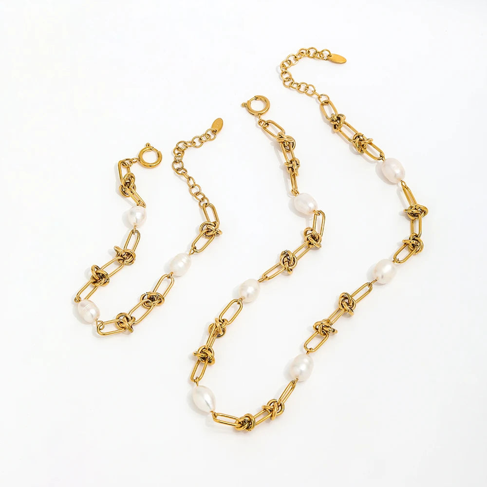 Joolim Jewelry 18K Gold Plated Knot Link Chain Freshwater Pearl Necklace Stainless Steel Jewelry Wholesale