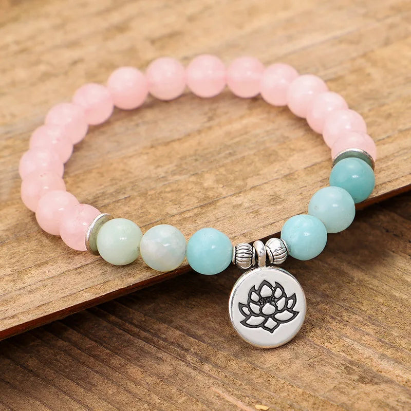 8mm Rose Quartz Bracelet for Women Jewelry Round Beads Stretch Bracelet Amazonite Stone Lotus Charm Yoga Natural Stone Bracelet