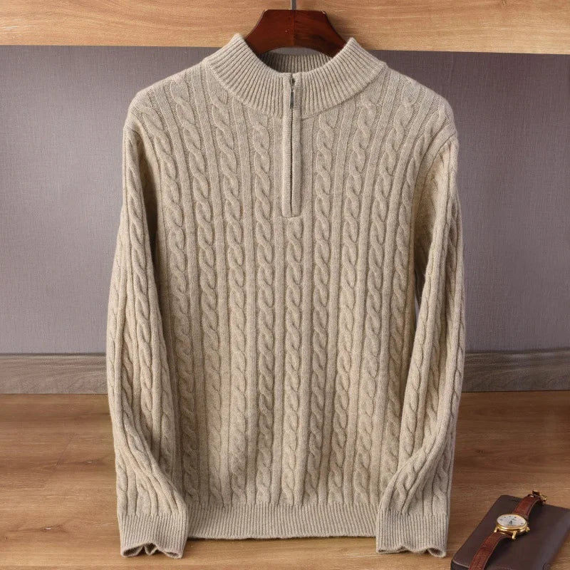 2022 Men's Solid Color Twist Sweater Winter  Half Turtleneck Zip-up Jumper Men's Sweater