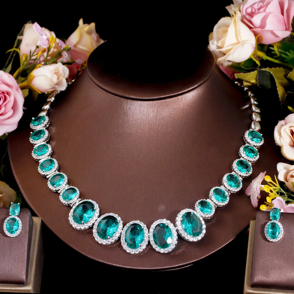 Light Green Big Oval Cubic Zirconia Stone Nigerian Bridal Bold Design Necklace Earrings Women Party Wedding Costume Jewelry Sets