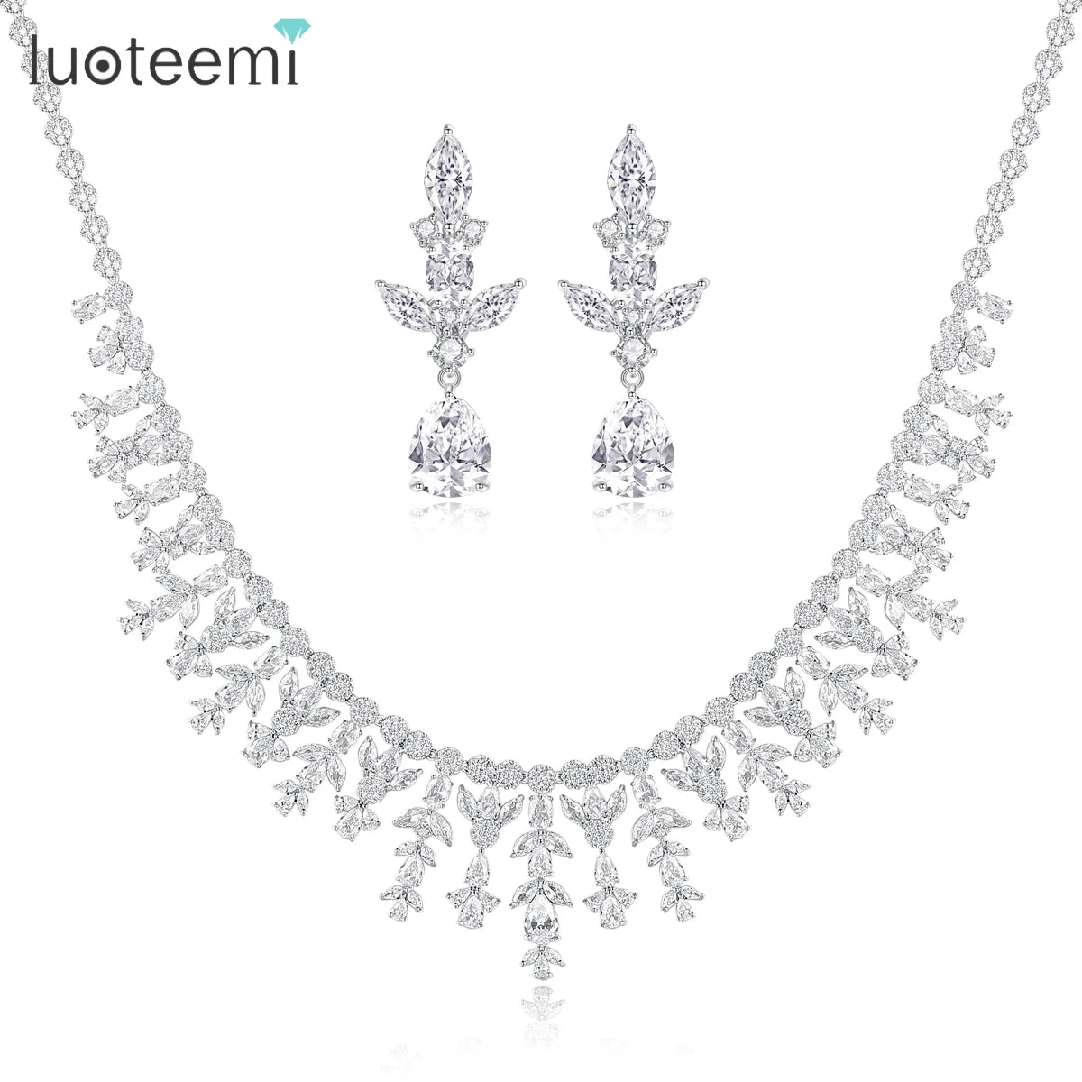 LUOTEEMI CZ Diamond Luxury Earring Necklace Accessory for Woman Cubic Zirconia Jewelry Set Bridal Jewellery
