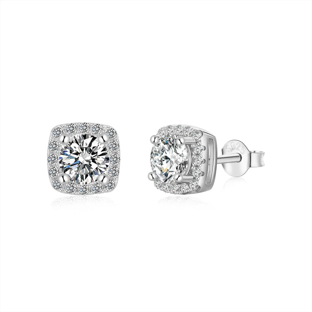 Dylam Rhodium Plated Main Stone 925 Sterling Silver Stud Earrings Cubic Zirconia Cushion Shaped Halo Wedding Stud Earring
