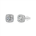 Dylam Rhodium Plated Main Stone 925 Sterling Silver Stud Earrings Cubic Zirconia Cushion Shaped Halo Wedding Stud Earring