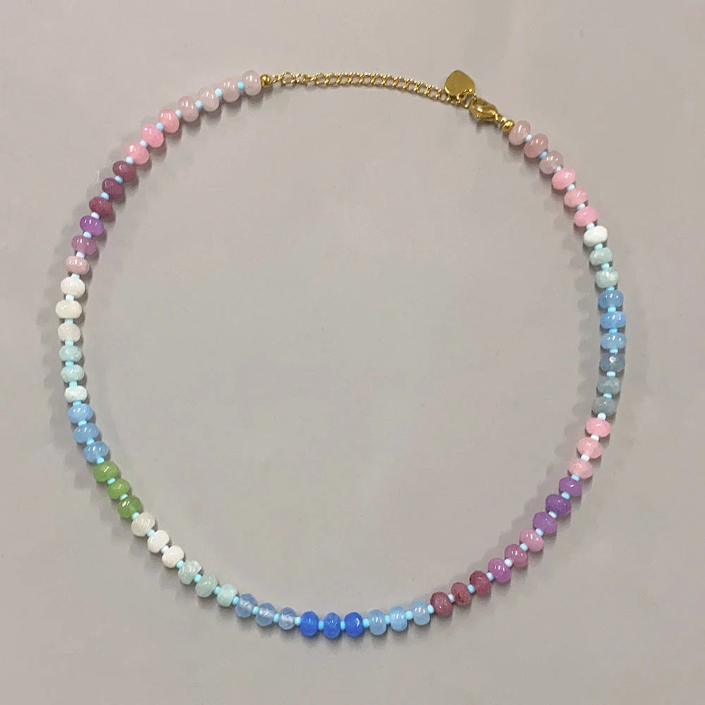 Boho Chic 14K Gold Plated Beaded Gemstone Choker Necklace Handmade Natural Stone Colorful Link for Women's Summer Beach Wedding