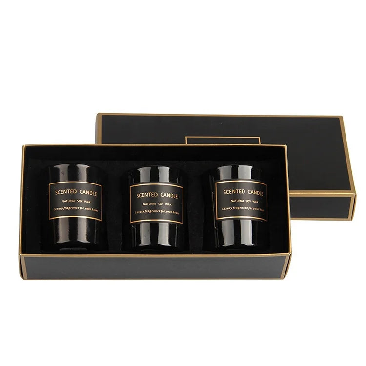 Gift Cotton Candle Wick Soy Wax Candle Aromatherapy Black Glass Scented Candle Set