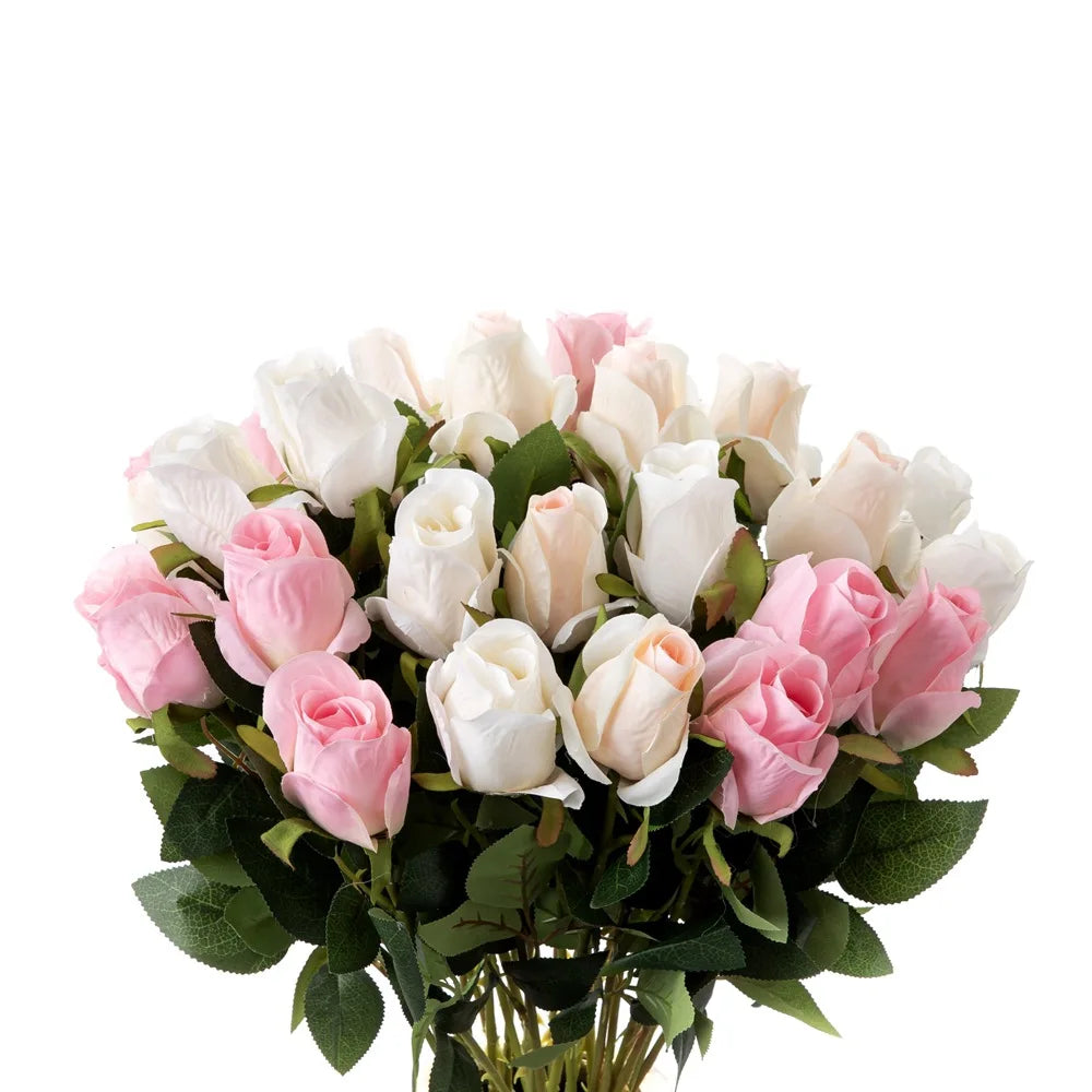 O-X813 Wedding Supplies Wholesale White Pink Rose Buds Single Stem Artificial Rose Flower Wedding Garden Decor Silk Rose Buds