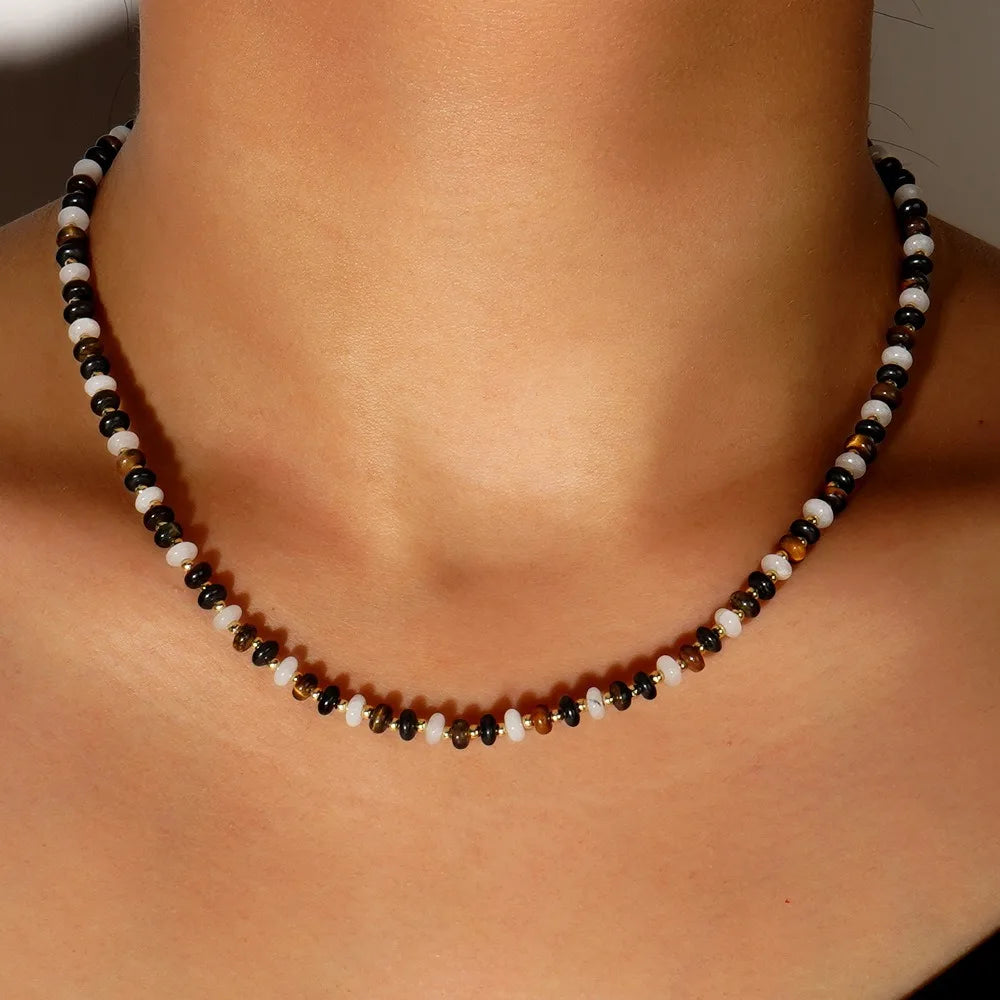 Vintage Natural  Tiger Eye Stone Necklace Black  Onyx Beads Handmade Gold Beaded Classic Jewelry Necklace Women Birthday Gift
