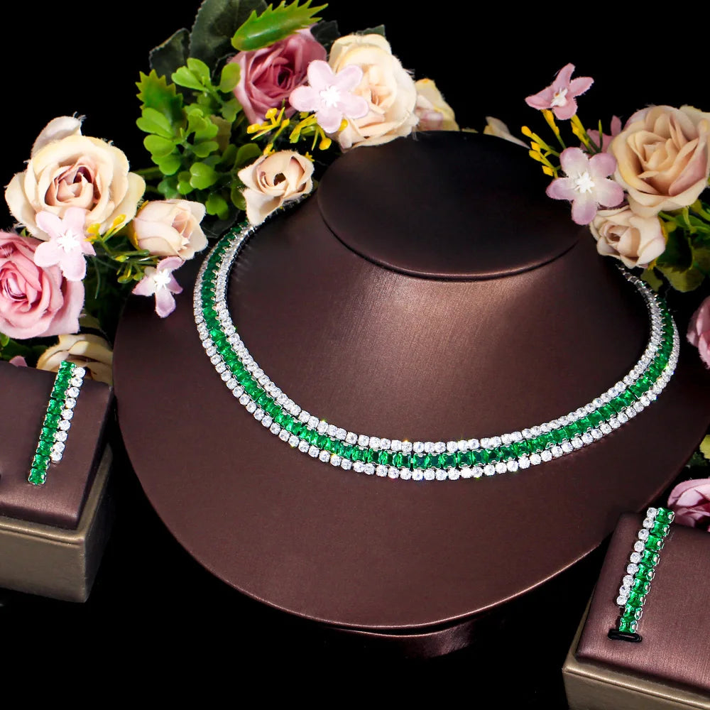 Sparkly Multiple Green Cubic Zirconia Setting Silver Plated 2pcs Bridal Wedding Event Round Necklace and Earring Jewelry Sets