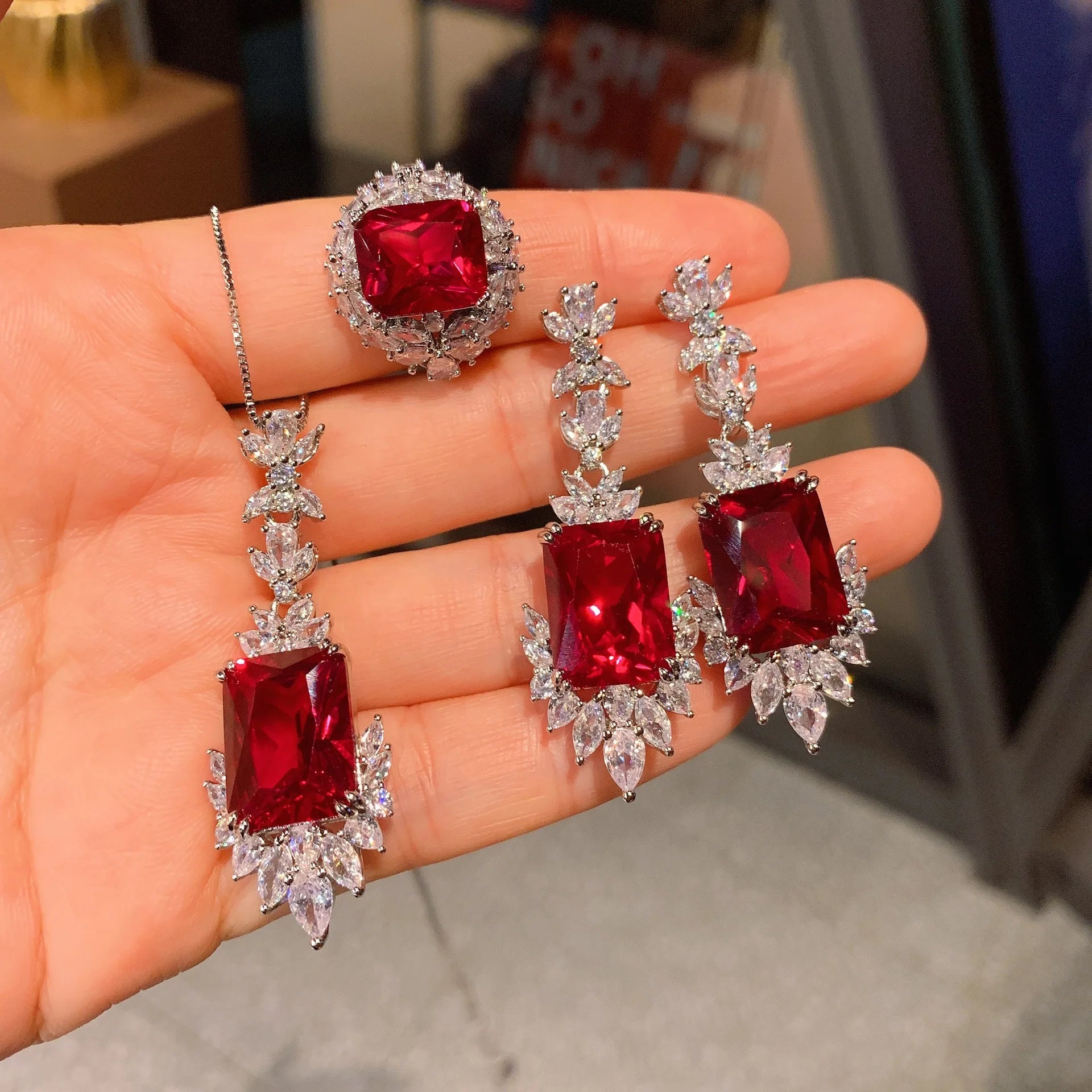 Temperament Geometric Square Jewelry Sets Shine Diamond Necklace Rose Creative Red Ring Necklace for Women