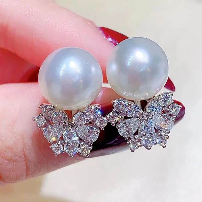 CAOSHI ODM OEM Ladies Bridal Stud Earrings Wedding Classic Cubic Zirconia Flower Pearl Stud Earrings for Women Girls
