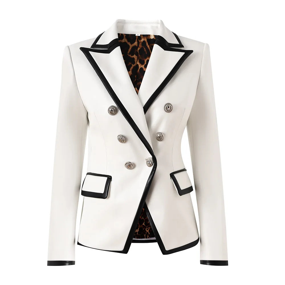 Style Newest Pu Coat Lady Patchwork Slim Fitted Double-breasted Colorblock Women Leopard Lining Blazer