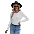 New Solid Color Pullover Knitted Half Open Button Long Sleeve Slim Ribbed Round Neck T-shirt Woman