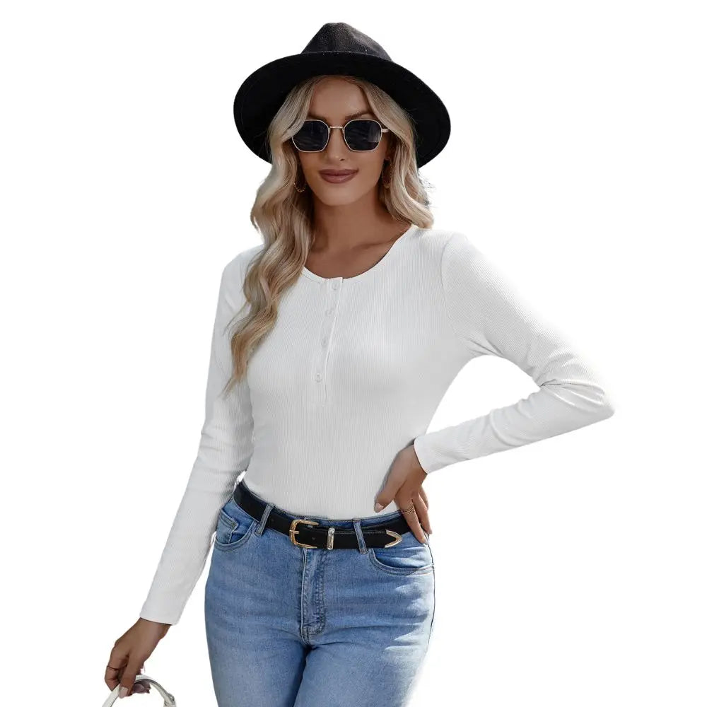 New Solid Color Pullover Knitted Half Open Button Long Sleeve Slim Ribbed Round Neck T-shirt Woman