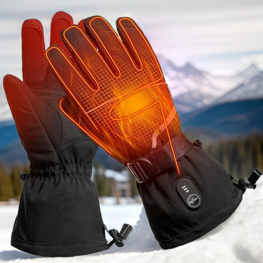 Black Smart Heating USB Electric Gloves Polyester Waterproof Rechargeable Touchscreen Compatible for Men Snowboarding Skiing