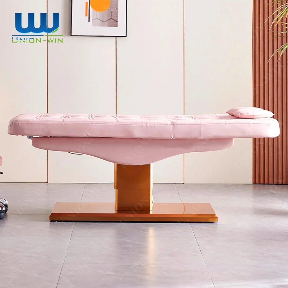 Union Win Luxury Spa Massage Bed Golden Base Curve Durable PU Modern Design for Beauty Salons Electric Makeup Eyelash Features
