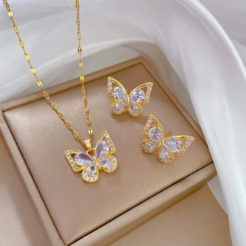 Handmade Zircon Flower Pearl Pendant Necklace Stainless Steel Gold Butterfly Necklace Earring Set