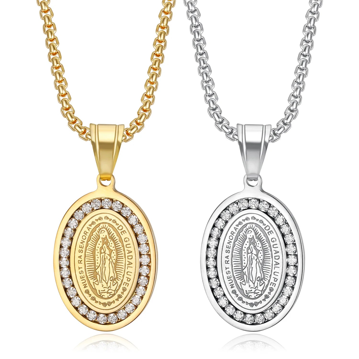Classics Stainless Steel Maria Pendant Neck Chain Crystal Zircon Necklace Religious Hip Hop Jewelry for Women Men
