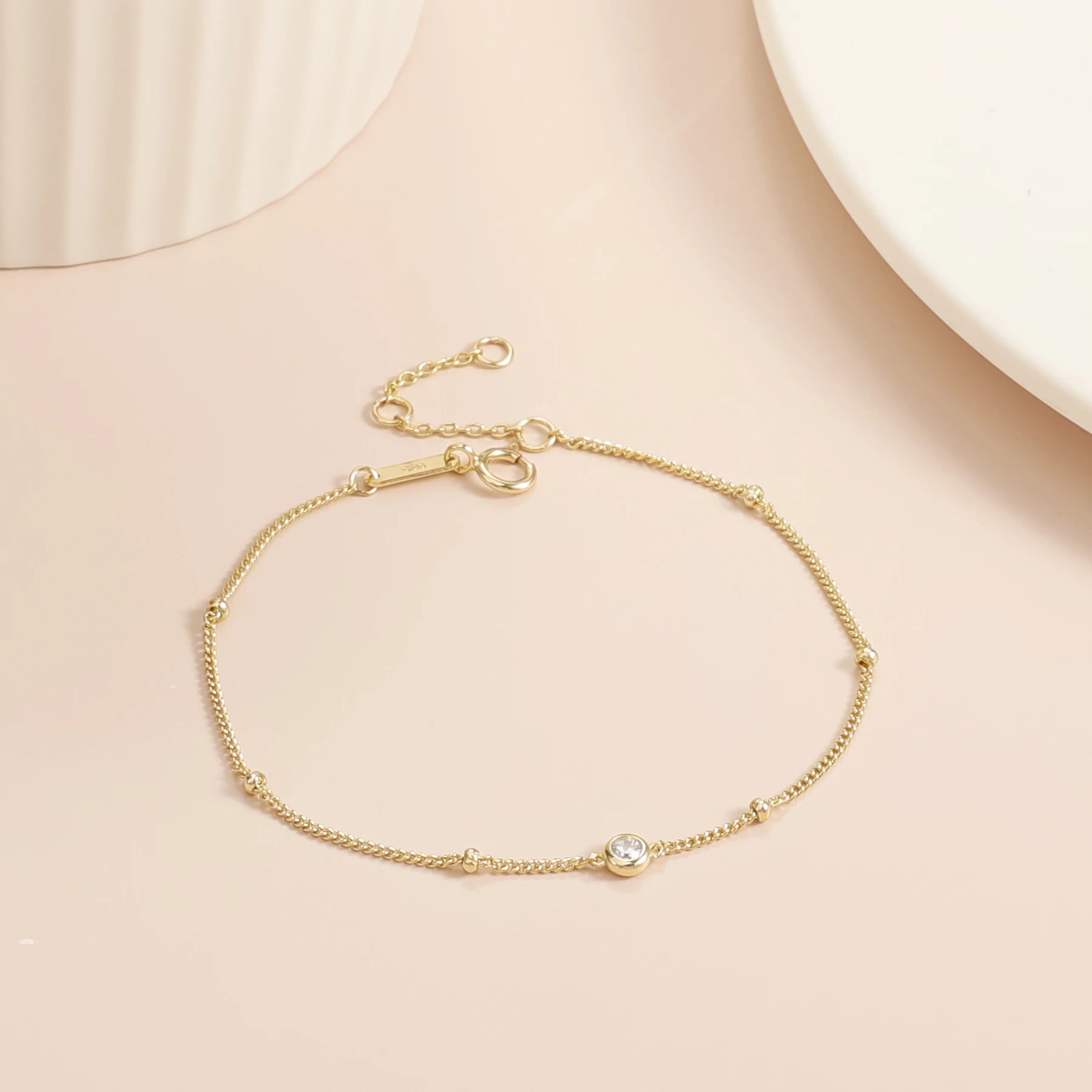 Delicate Everyday Wear Solid Gold Bracelet Round Gold Beads Decor 2.5MM Lab Grown Diamond Adjustable Bracelet