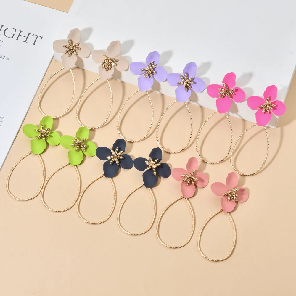 New Colorful Sweet Stainless Steel Bohemian Flower Big Circle Hoop Dangle Earrings Women Girls Fashion Party Jewelry