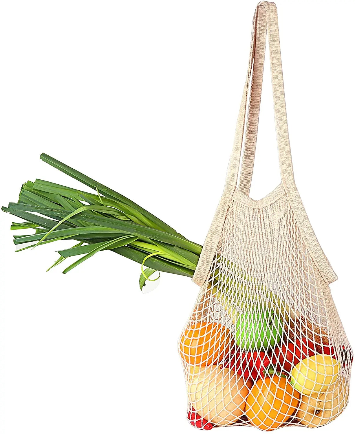 Premium Cotton String Bag with Long Handle Fashionable Net Tote for Farmers Market Produce Grocery Beach Trip Fruit Mesh Bag