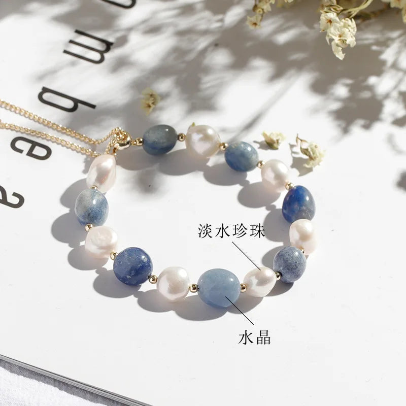 Blue Aventurine Jade  Freshwater Pearl Crystal Bracelet