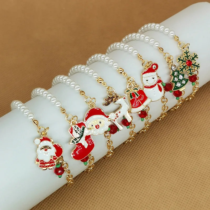 Newest Pearl Beads Snowman Snowflake Charm Bracelet Red Enamel Santa Claus Bracelet for Christmas Festival