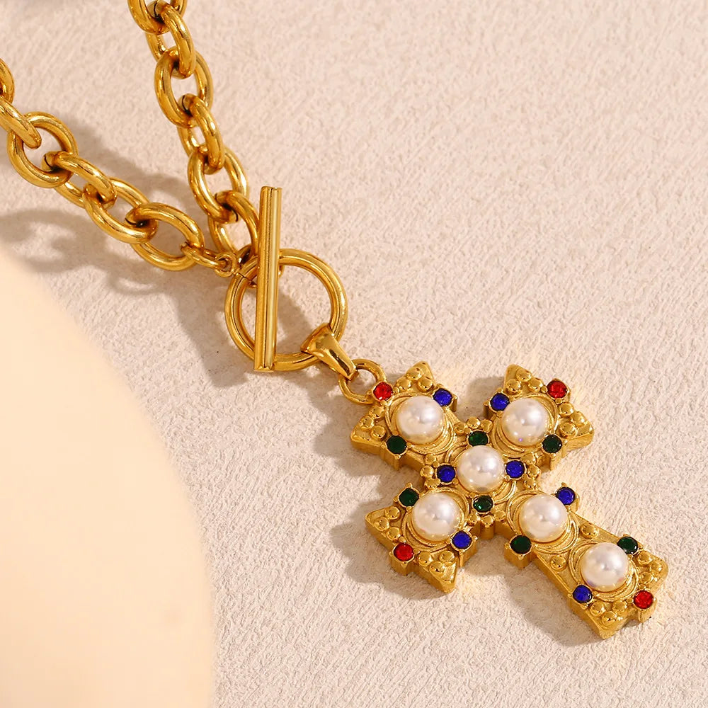 Vintage Fashion Stainless Steel Colorful Cross Necklace 18K Gold Plated Trendy Pendant Accessories Jewelry for Women
