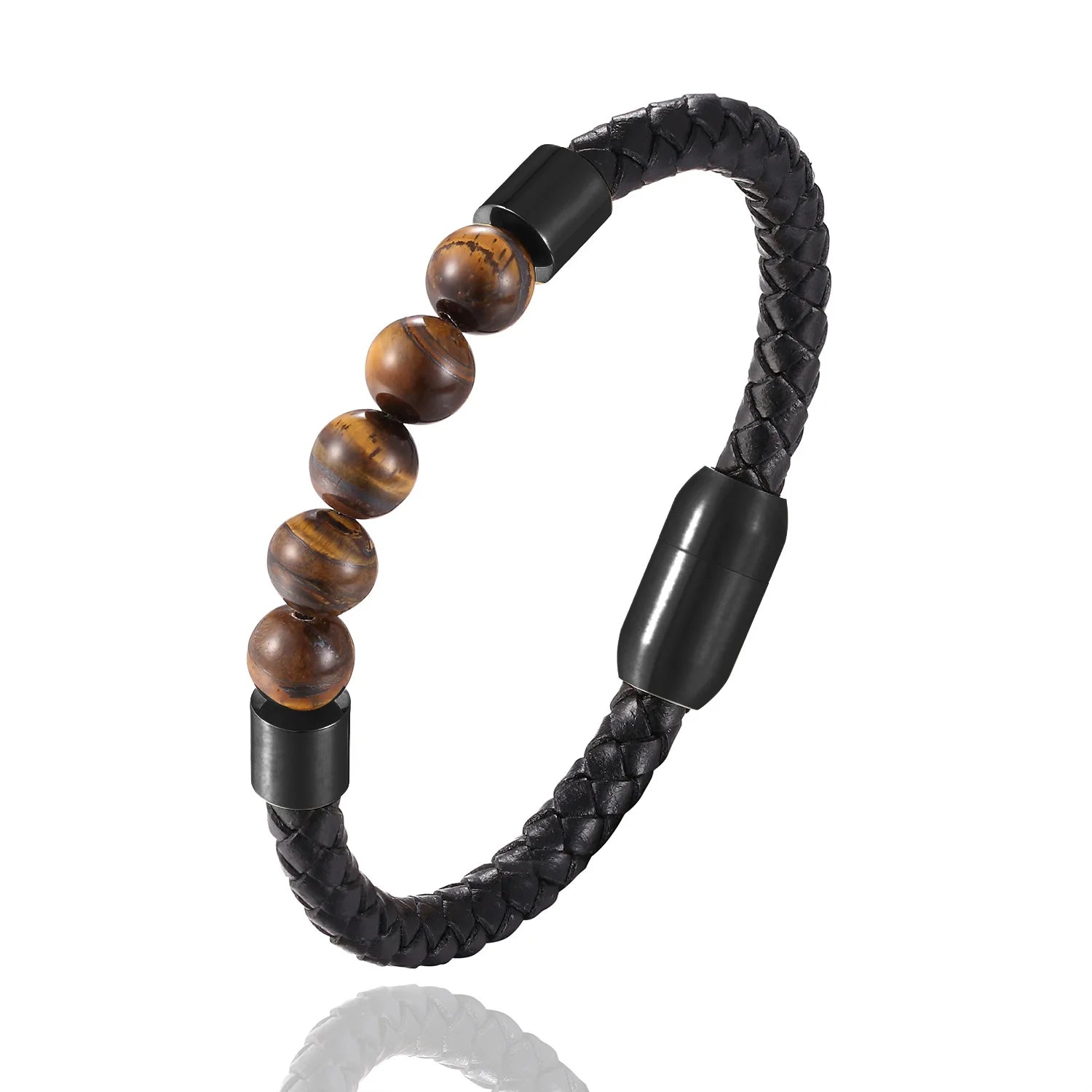 Men's Stainless Steel Bracelet Quality Natural Tiger Eye Volcanic Rock Quality Leather Rope Braided Fashionable Charm Bracelet