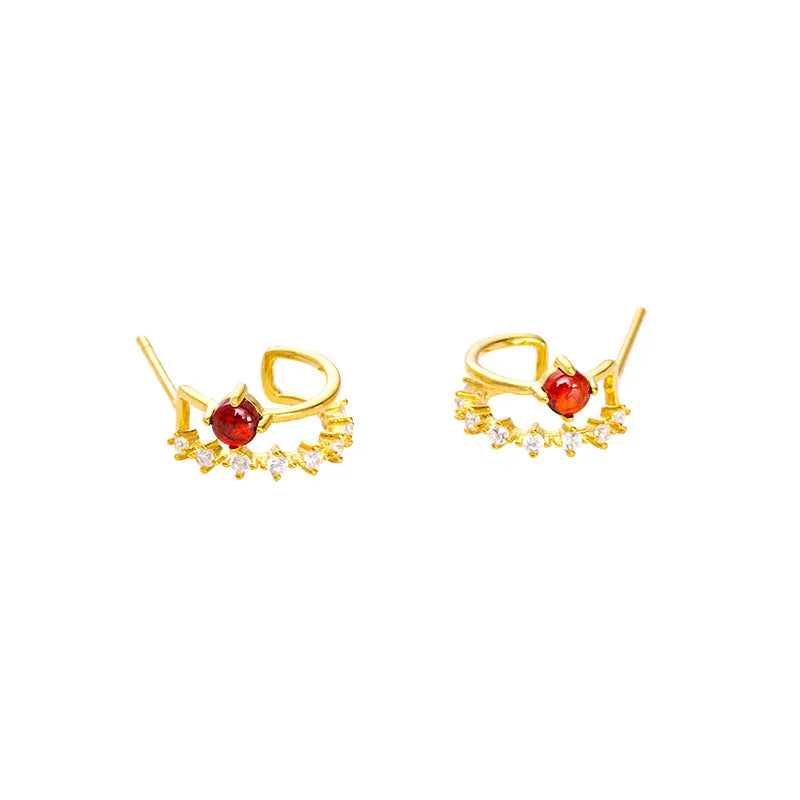 Fashion Jewelry 925 Sterling Silver Earring C Shape Double Layer Mini Zircon Cat's Eye Gold Plated Stud Earrings Women