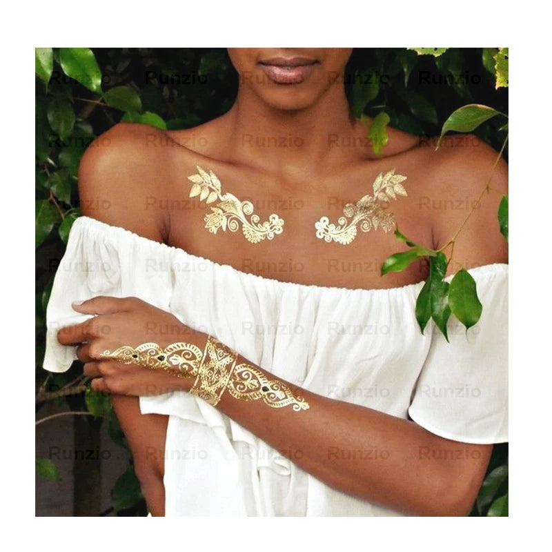 Runzio 12 Sheets Per Set Waterproof Party Gold and Silver Metallic Temporary Tattoo Sticker with 3-7 Days Durability