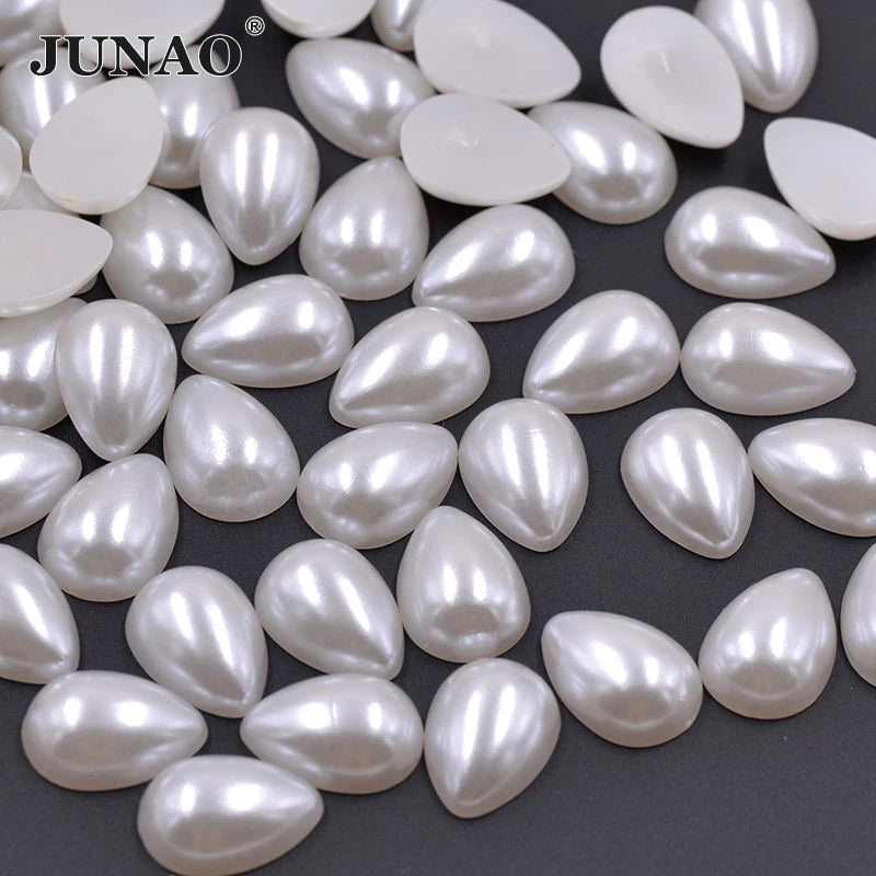 JUNAO 13*18mm White Flatback Pearls Rhinestones Bulk Top Quality Drop Pearls Beads for Bag Decoration