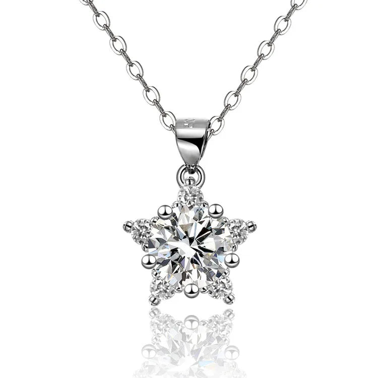 OAHLAN Fashion Jewelry 1ct Round Cut Moissanite Diamond Snowflake Pendant Star 925 Sterling Silver Necklace for Christmas Gift