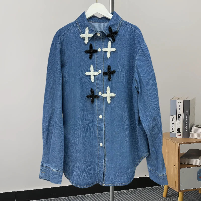 Boutique Wholesale 2026 Autumn New Fashion Collar Reduced Age Denim Long Sleeve Women's Shirt
