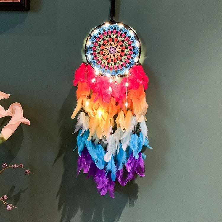 Factory Price 55cm LED Feathers Flying Wind Chimes Dream Catcher Handmade Gifts Dreamcatcher Home Bedroom Wall Garden Ornaments