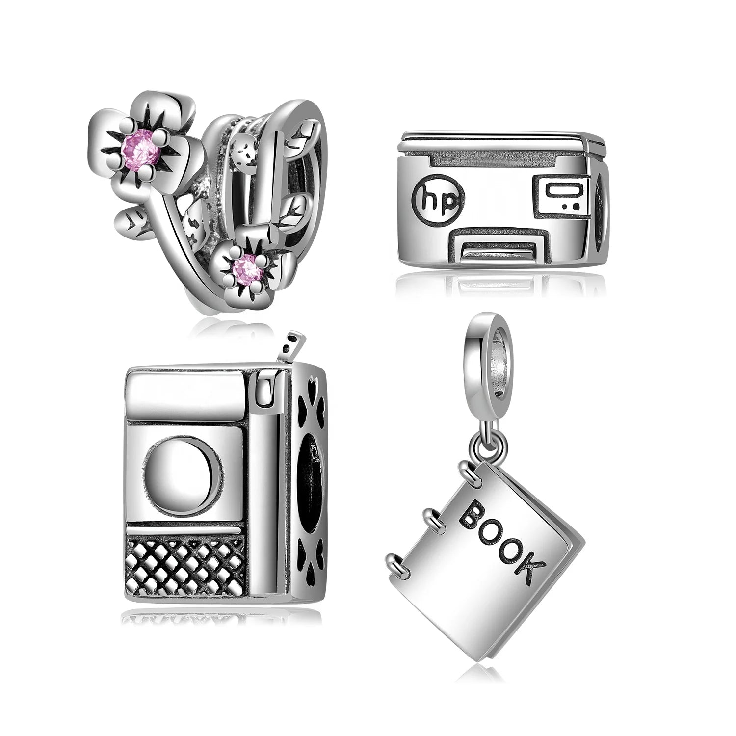 Real 925 Sterling Silver Fine Beads Printer Book Flowers Charms Designer DIY for Original Bracelet Jewelry Making Beads Women
