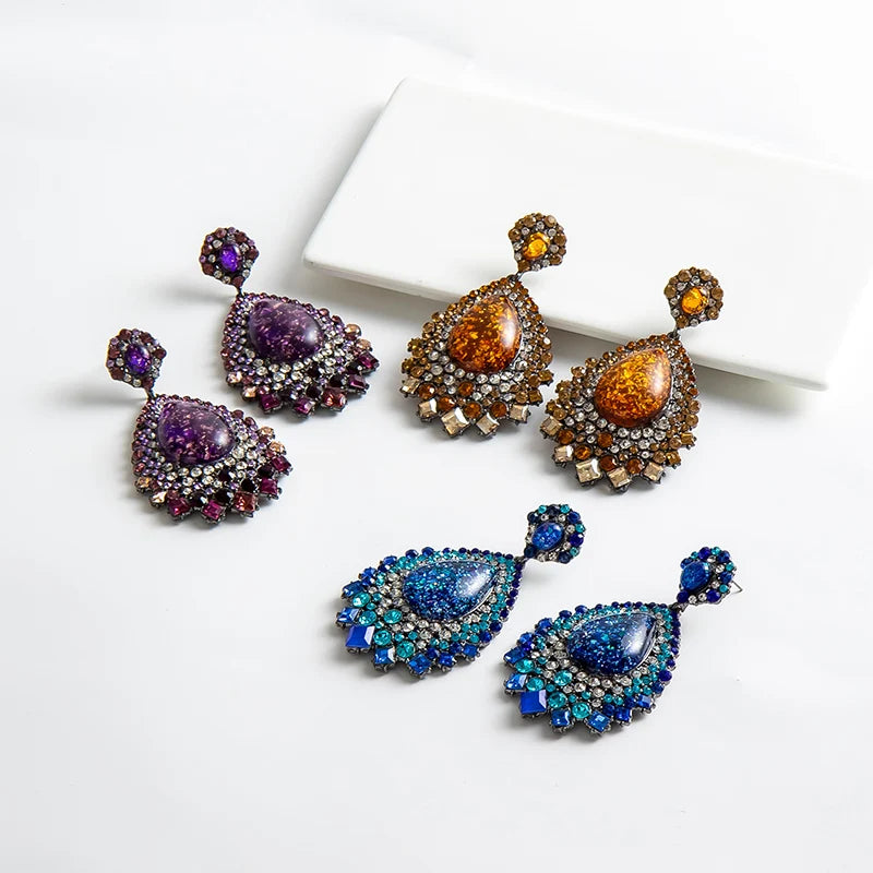 Exaggerated Ethnic Jewelry Full Diamond Gemstone Dangle Earrings Shiny Rhinestone Water Drop Earrings 2023 Women