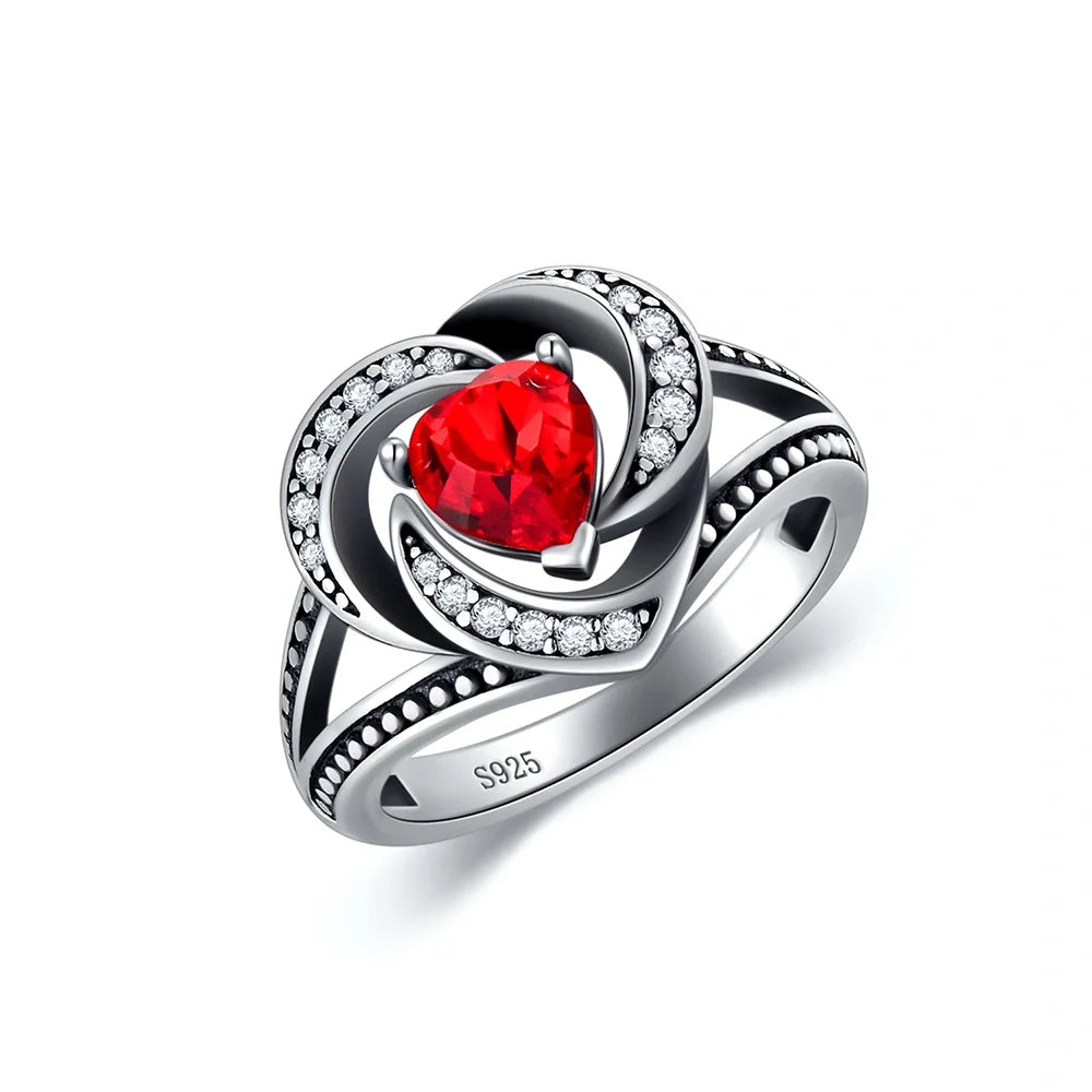 Engagement Jewelry S925 Sterling Silver Red 3A Cube Zircon Forever Love Heart Ring