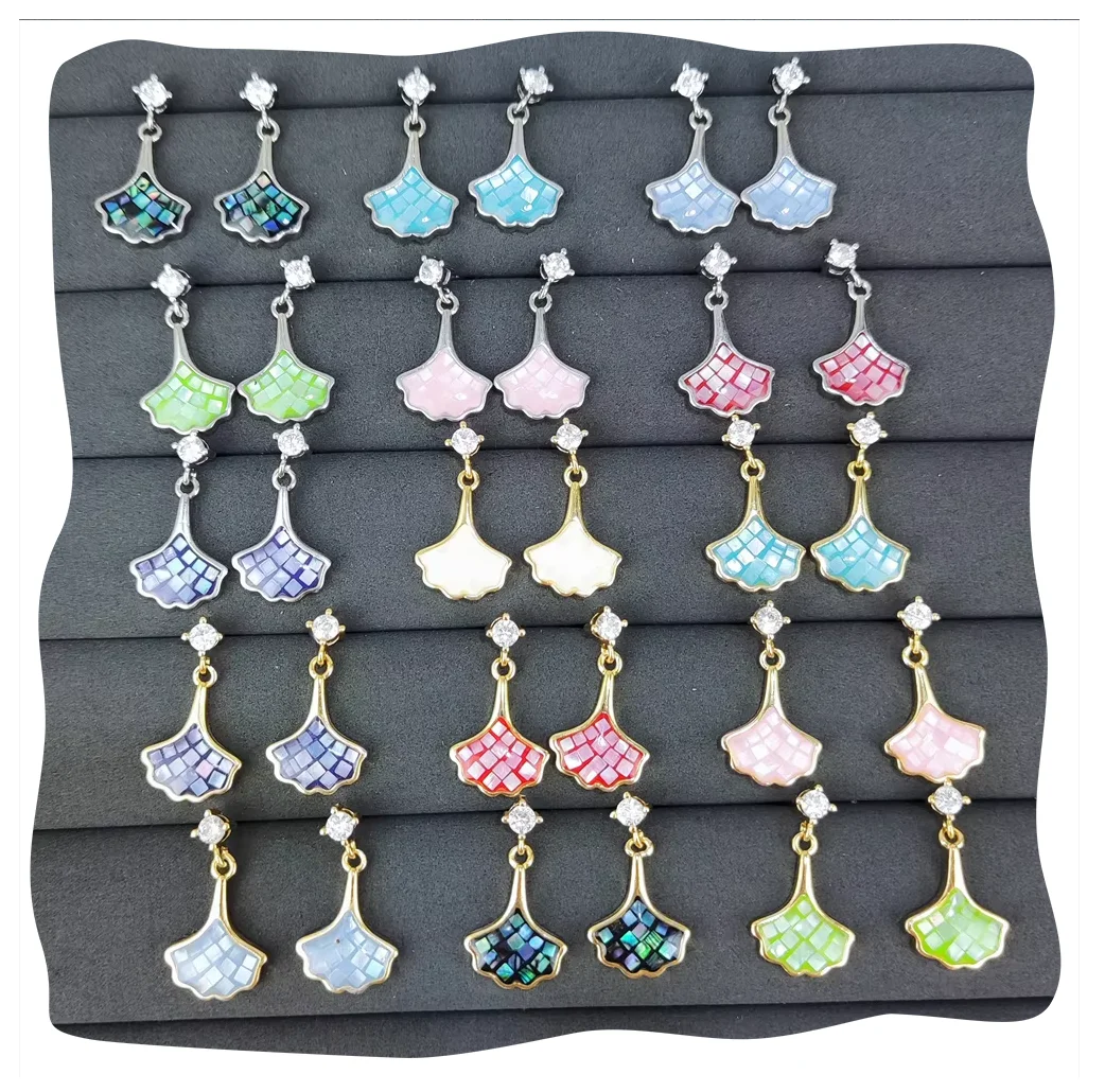S925 Sterling Silver Elegant Jewelry Luxury Gold Plated Handmade Natural Shell Ginkgo Leaf Charms CZ Stud Earrings for Women