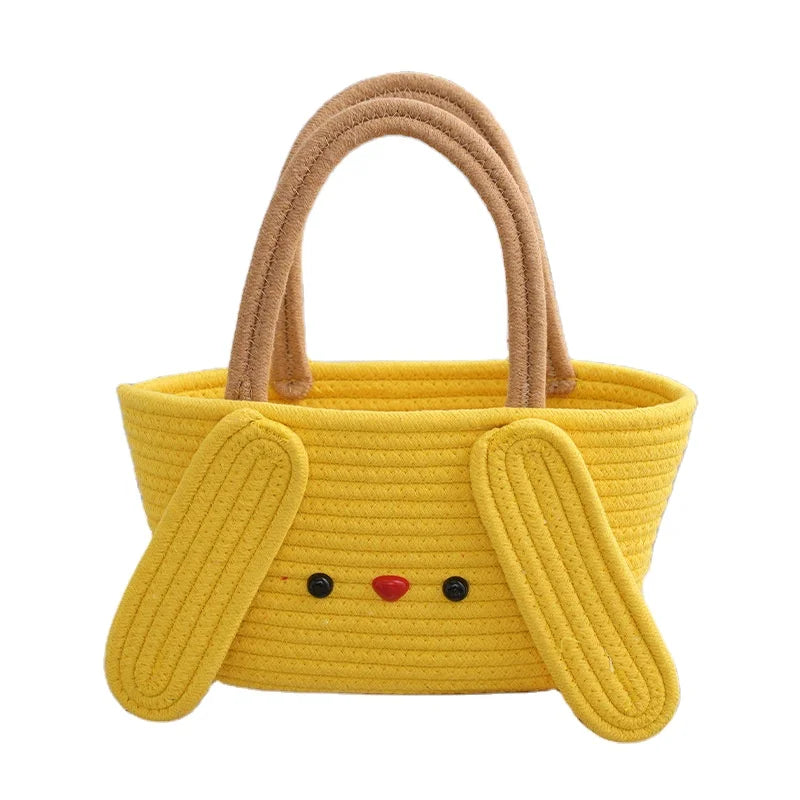 New Cartoon Dog Tote Cotton Cord Woven Basket Girls' Banquet Wedding Hand Bag with Two Handles Open Closure