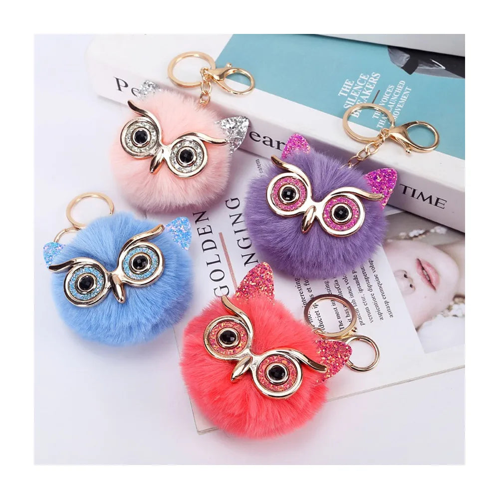 Hot Sale Premium Fur Material Plush Owl Pom Pom Keychain Soft Feature