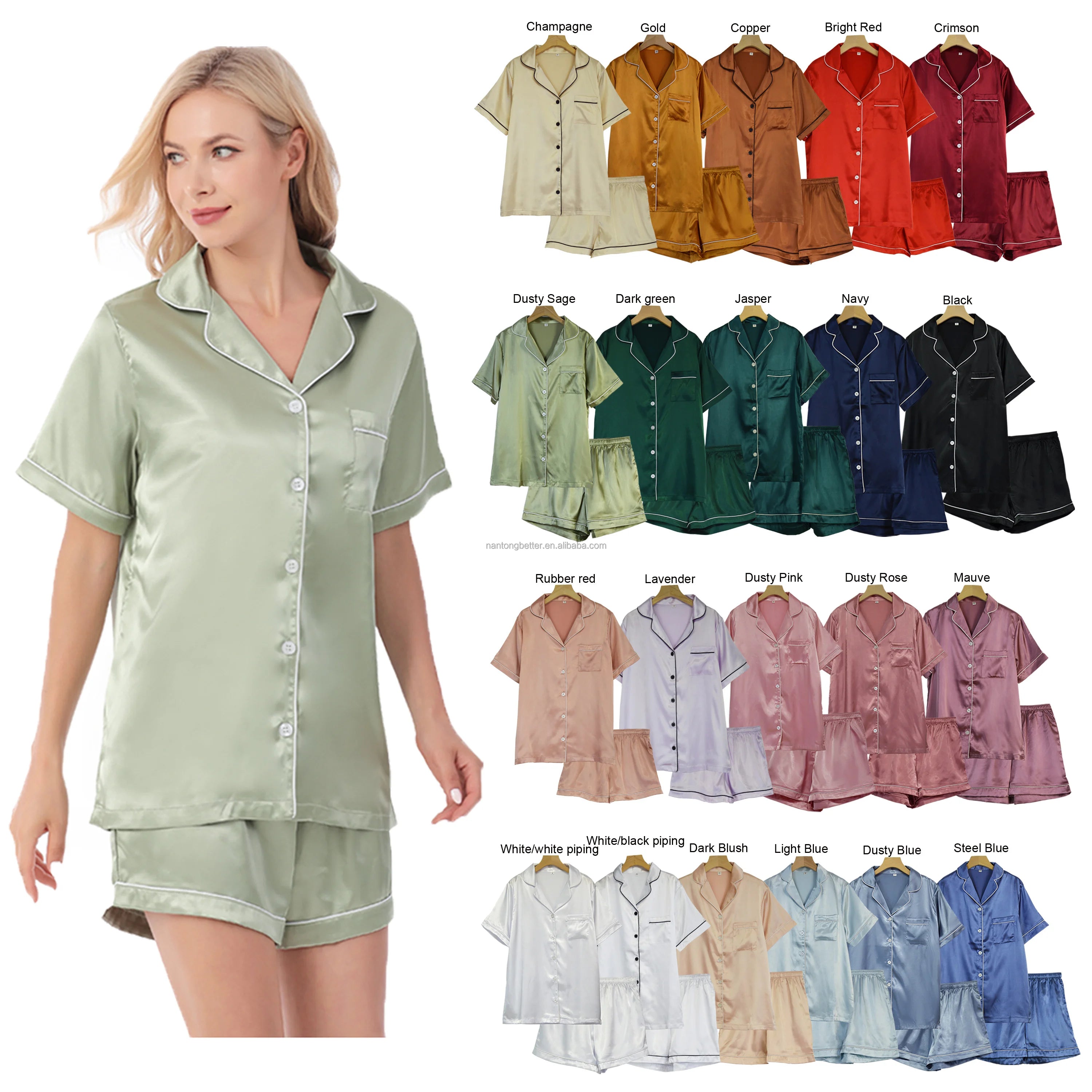 Luxury 21 Colors Silk Blank Solid Short Sleeve Bridal Satin Pajamas Plus Size Elastic Waist Women Wedding Bride Pajama