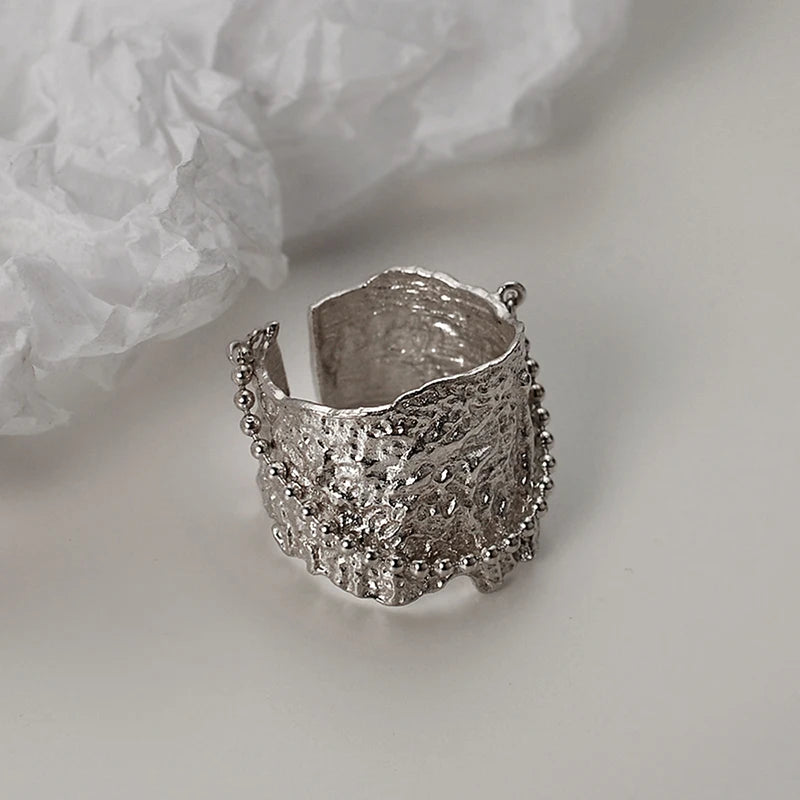 ICEBELA Jewelry Tinfoil Texture Cold Wind Ring Sterling Silver S925 High-grade White Gold Women's Bead Chain Ring